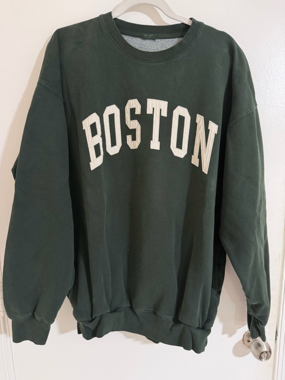 Brandy Melville Dark Green Crewneck with Cream Boston Applique